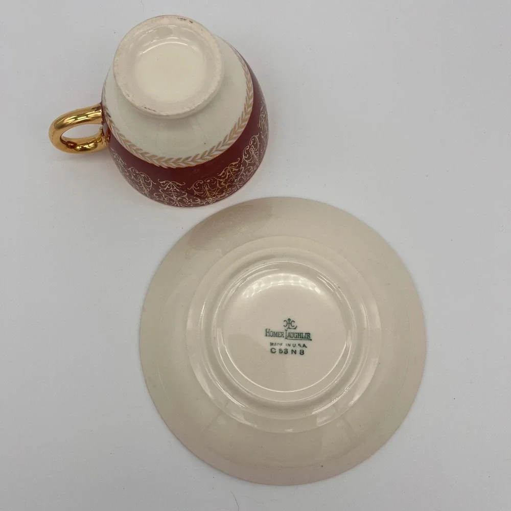 Homer Laughlin Lady Stratford Tea Cup and Saucer Set Maroon Gold Rose 2 Piece